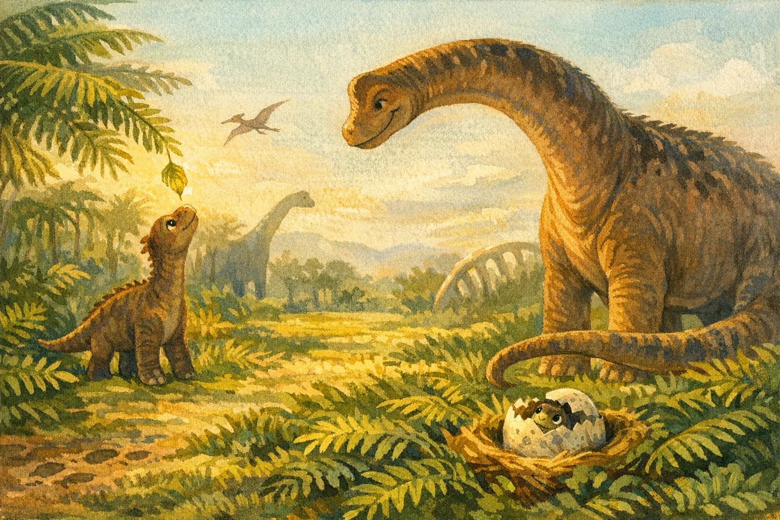A young dinosaur reaching toward a leaf in a sunlit prehistoric meadow.
