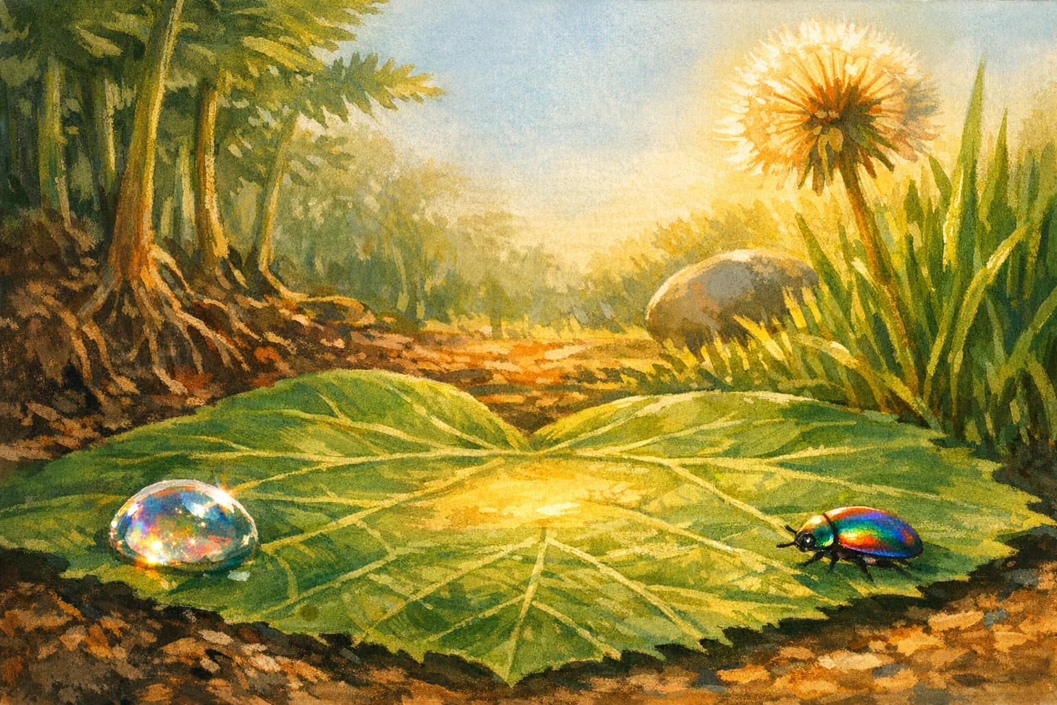 A child shrunk to insect-size, exploring tall grass and wildflowers.