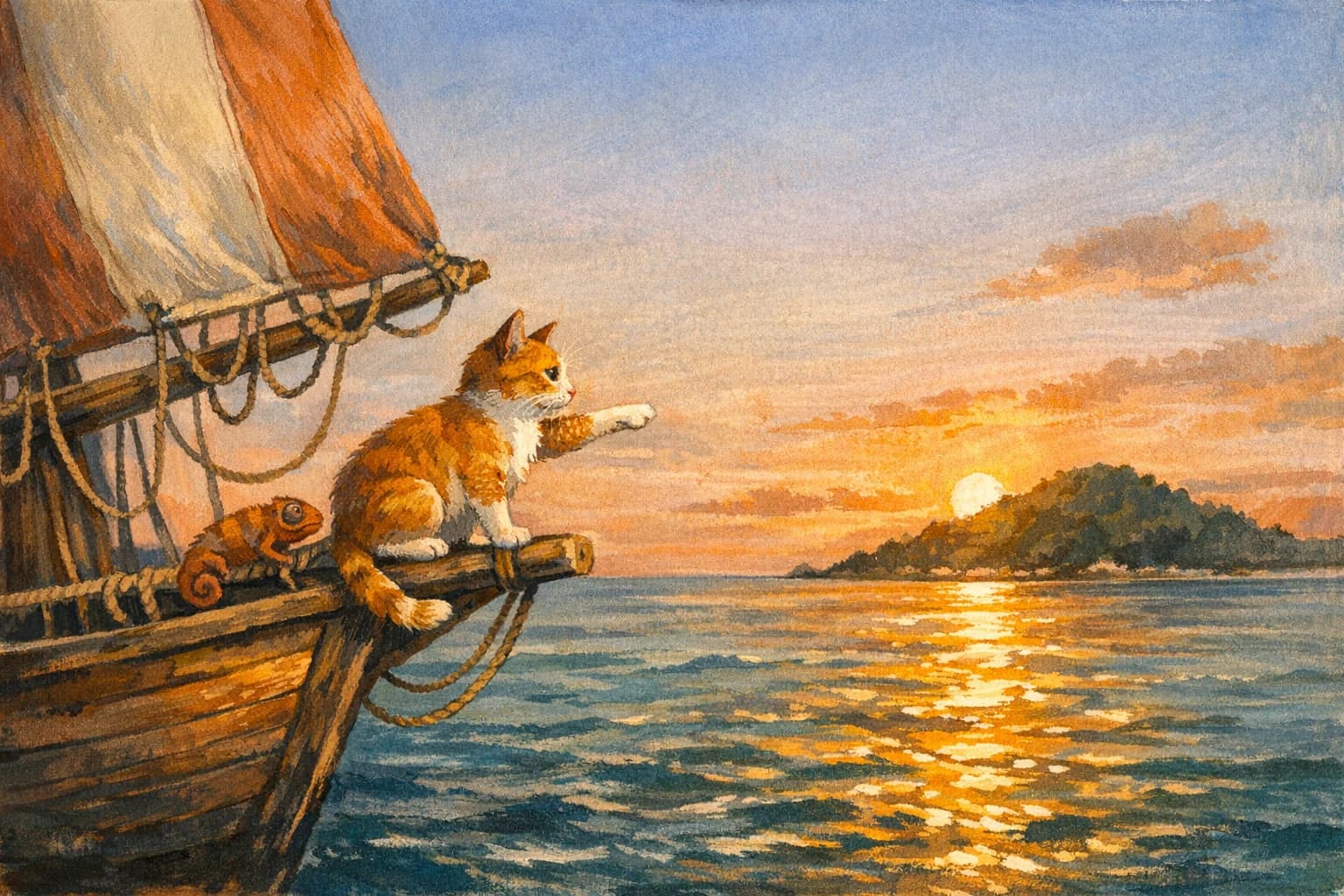 A child captaining a small ship across friendly seas.