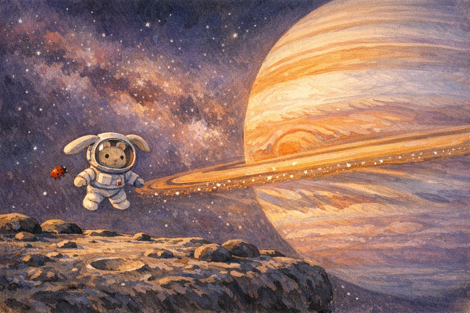 A child floating among stars and friendly planets.
