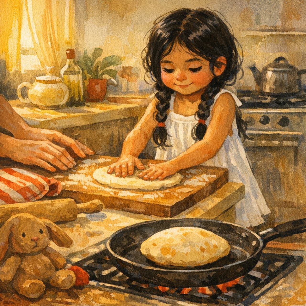 Illustrated story page showing Ayla making roti dough with her mom in a cozy kitchen, remembering her grandparents Dadi and Tata in India